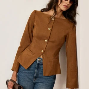 Brown Suede Blazer Fitted Metal Button Jacket - Product showcase