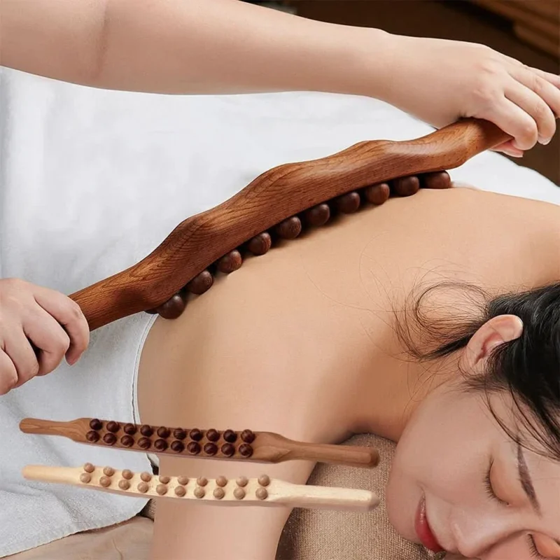 Wooden Gua Sha Massage Tool Natural Therapy Stick With Rolling Beads - Product showcase