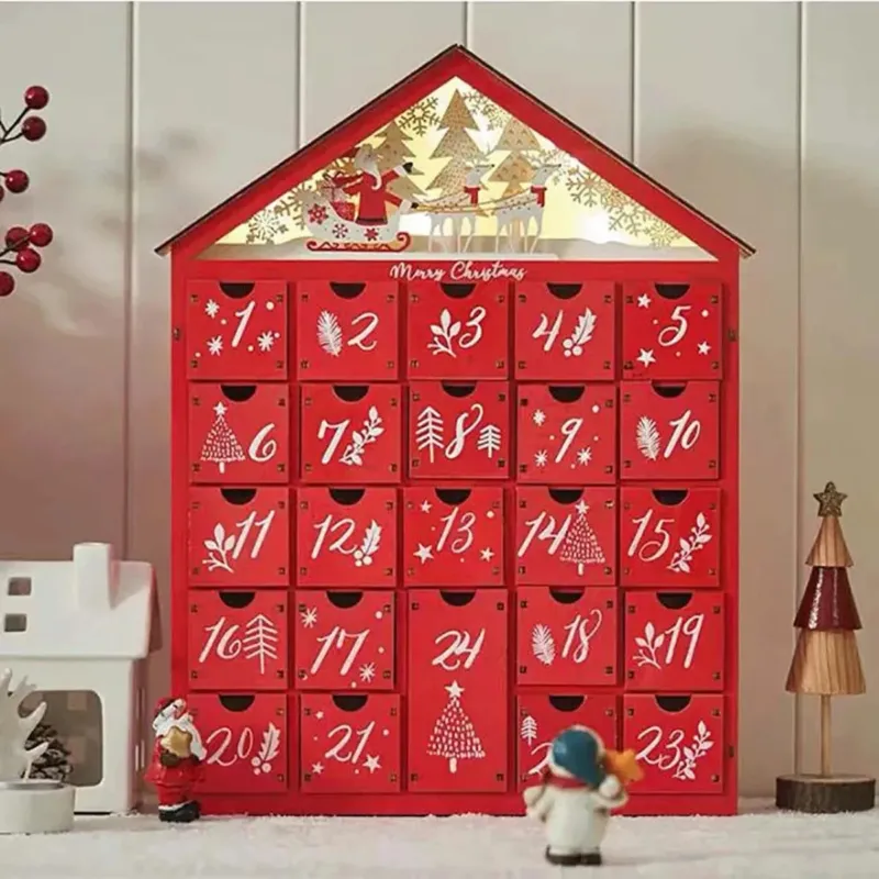 Wooden Advent Calendar Red House Design with LED Lights - Product showcase