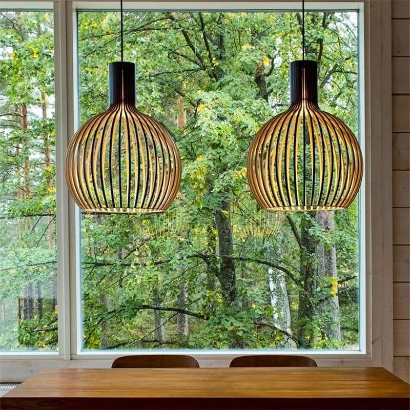 Wooden Pendant Light Natural Wood Cage Design - Product example