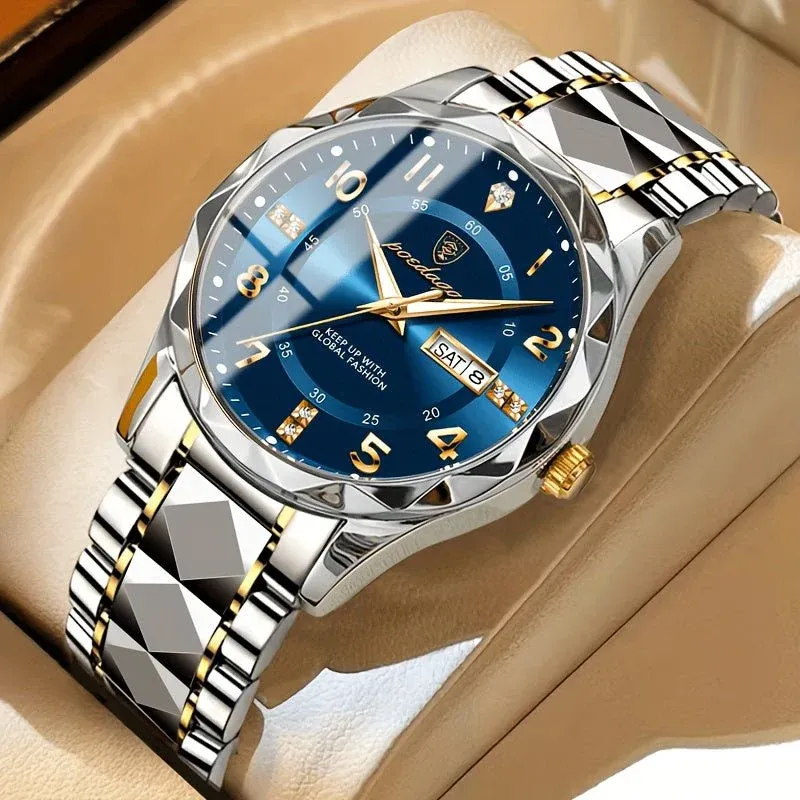 Mens Sports Watch Blue Dial Two-Tone Steel Band - Product showcase