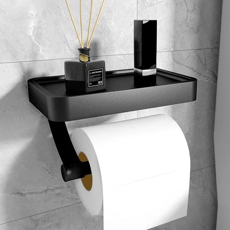 Modern Toilet Paper Holder Aluminum Wall Mount With Storage Shelf - Product showcase