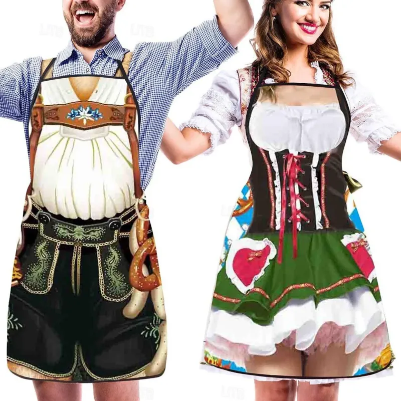 Oktoberfest Couple Aprons Traditional Dirndl Lederhosen Print - Product showcase