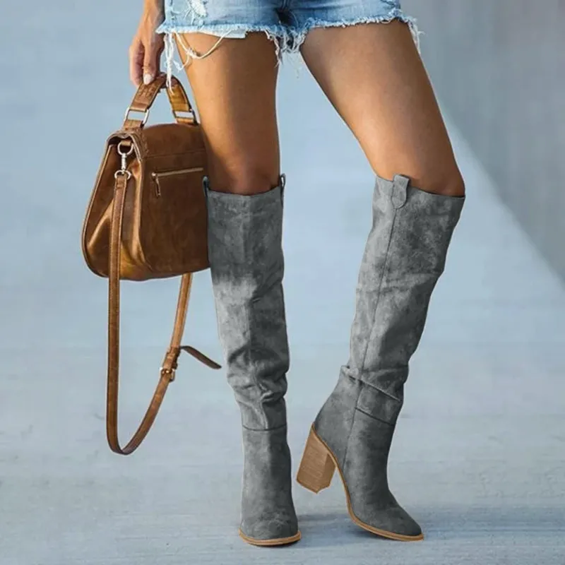 Urban Western Boots Gray Suede Block Heel Design - Product showcase