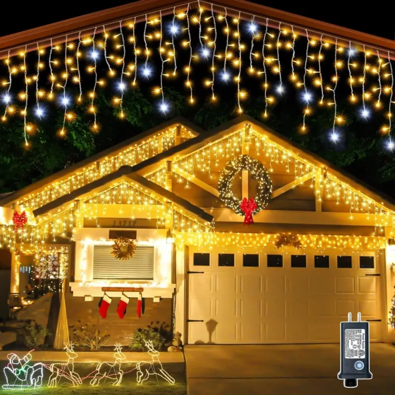 LED Icicle String Lights Warm White Curtain Lights with Flickering Effect - Product showcase