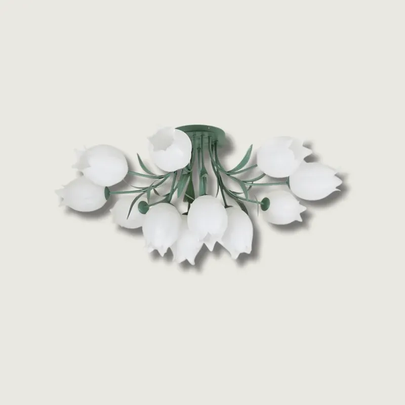 Floral Ceiling Light White Tulip Glass Shades With Green Metal Base - Product showcase