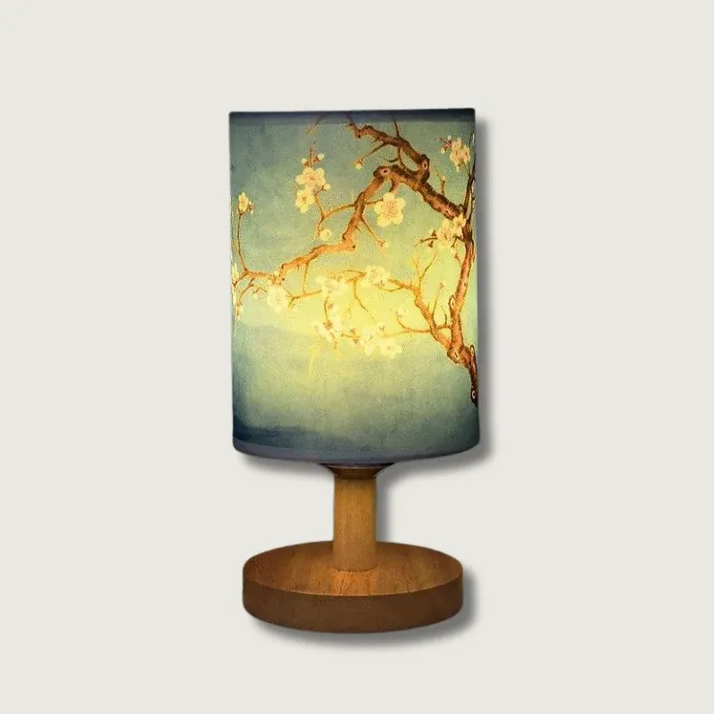 Japanese Cherry Blossom Table Lamp Natural Wood Base with Fabric Shade - Product showcase