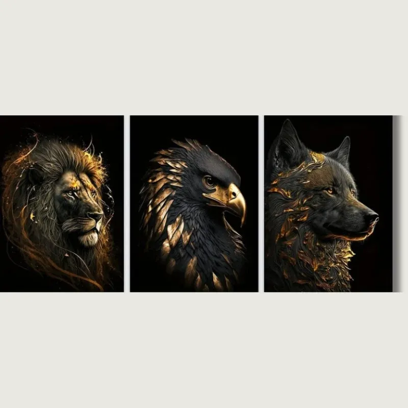 Wildlife Canvas Art Set Golden Lion Eagle Wolf Triptych - Product showcase