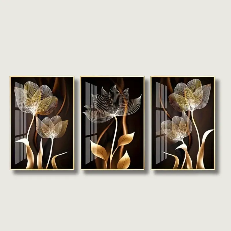 Golden Floral Canvas Art Modern Botanical Triptych - Product showcase
