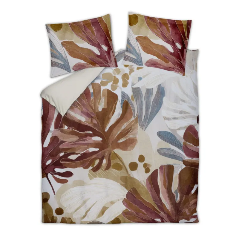 Vandyck Earthbound dekbedovertrek met monstera bladeren in roodbruin, bruin, blauw en wit (SAM126226)