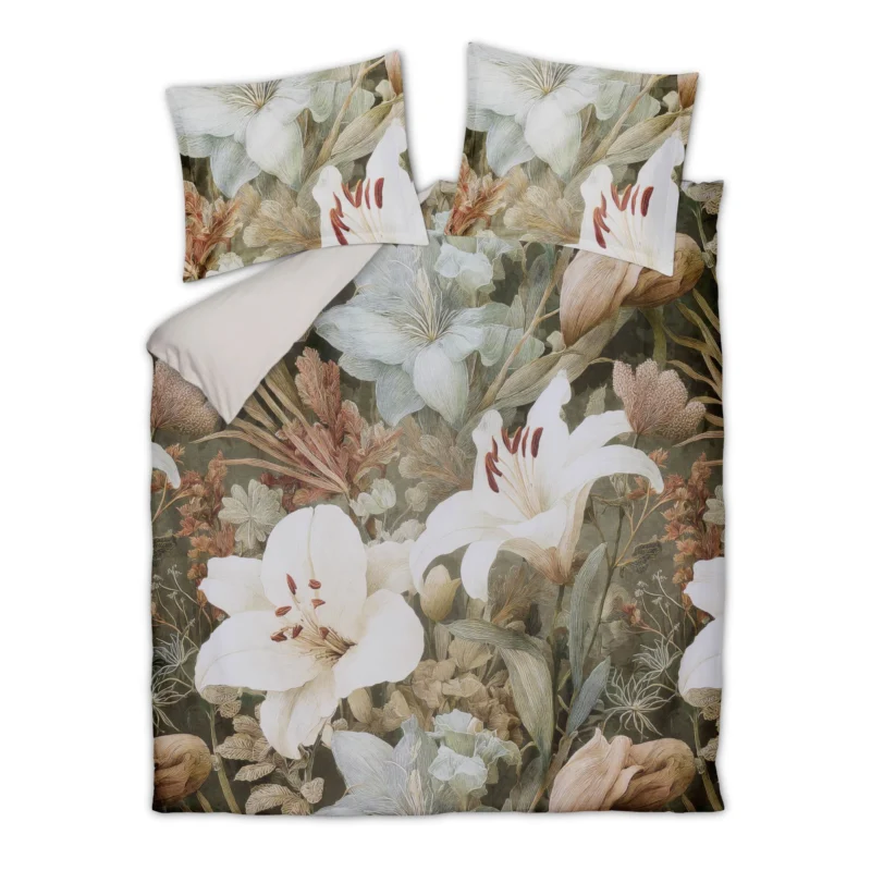 Vandyck Floraluxe dekbedovertrek in kleur Thyme met imposante bloemenprint in groentinten met grote witte lelies en oranjebruine details (SAM126229)