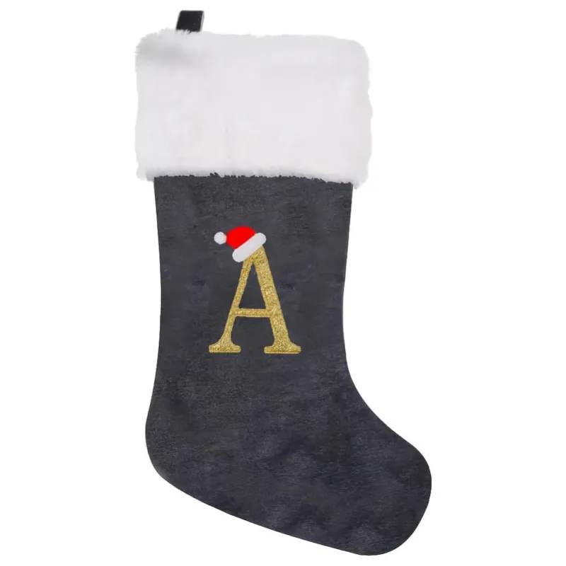 Personalized Christmas Stocking Gray Velvet Monogram Letter - Product showcase