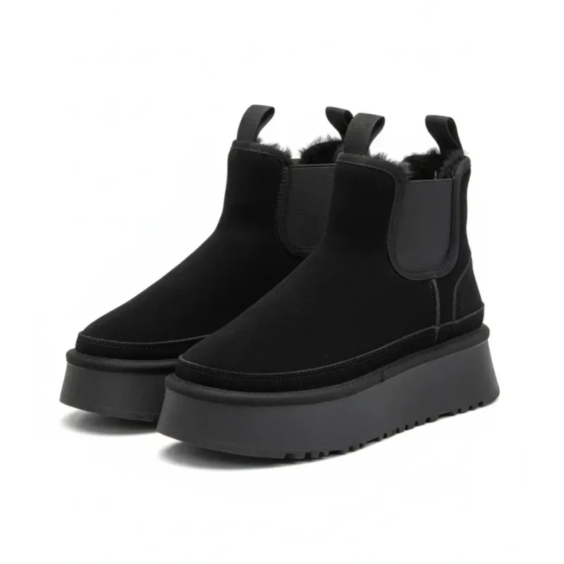 Womens Platform Ankle Boots Black Suede Chelsea Style - Product showcase