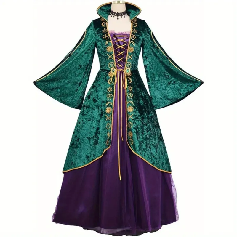Medieval Velvet Dress Emerald Purple Renaissance Gown - Product showcase