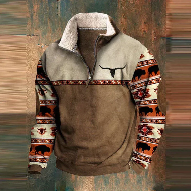 Western Fleece Pullover Native Buffalo Print Quarter-Zip - Product showcase