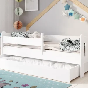 Kinderbett 90x200 | 80x180 | 80x160 cm mit Matratze (optional), Schublade, Rausfallschutz & Lattenrost in weiß Mädchen Jungen Bett
