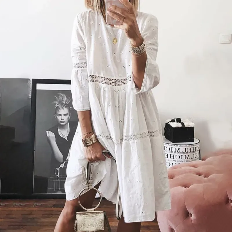 Cotton Lace Summer Dress Embroidered Floral Eyelet Design - Product showcase