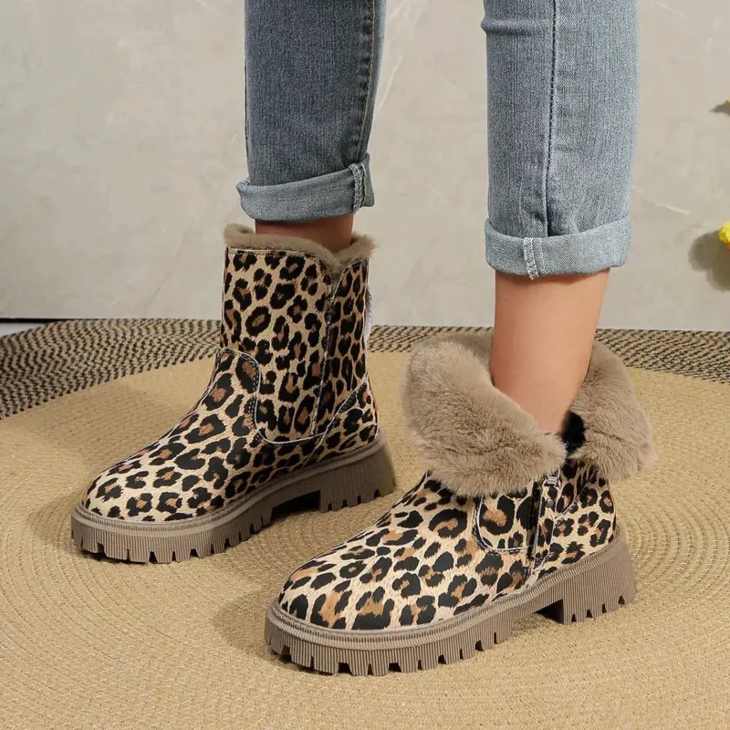 Leopard Print Winter Boots Fur-Lined Platform Ankle Boots - Product example