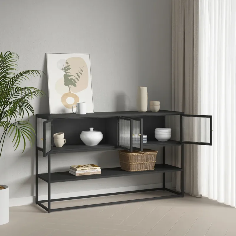 Sideboard Säkylä mit 4 Glastüren 150x38x90 cm Stahl [en.casa]