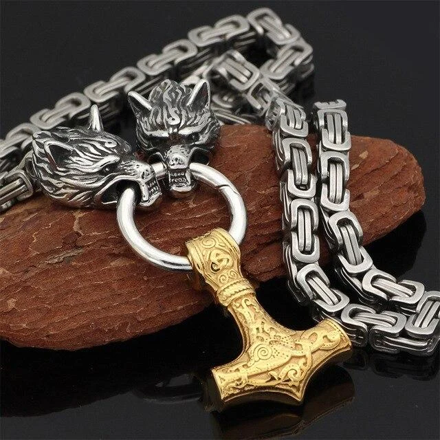 Stainless Steel Wolf Head Necklace Norse Mjolnir Pendant Chain - Product showcase