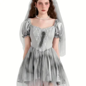 Womens Gothic Corpse Bride Halloween Costume Dress Puff Sleeve Mini Outfit - Product showcase
