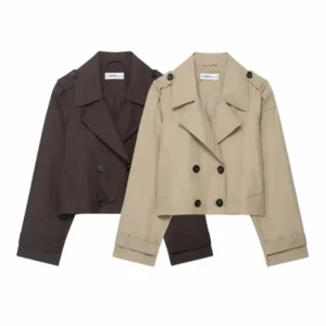Womens Cropped Trench Coat Double Breasted Classic Design - Product showcase