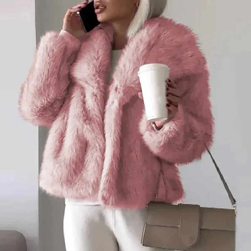 Plush Faux Fur Jacket Soft Pink Winter Outerwear - Product showcase