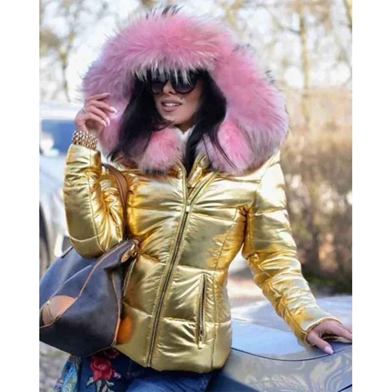 Winter Puffer Jacket Metallic Gold With Pink Fur Trim - Product showcase