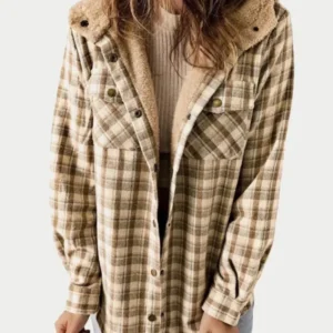 Plaid Fleece Shacket Hooded Button-Front Design - Product showcase