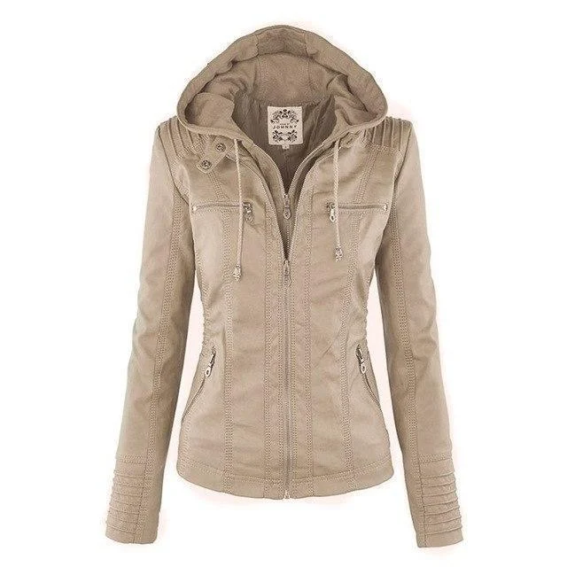Gothic Leather Jacket Hooded Moto Design With Multi Zip Details - Product detail 4