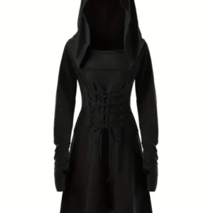 Womens Gothic Halloween Costume Gown Lace-Up Hooded Long Sleeve Dress - Product showcase