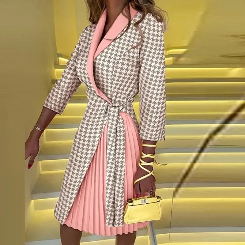 Houndstooth Coat Dress Pink Pleated Contrast Design - Product showcase