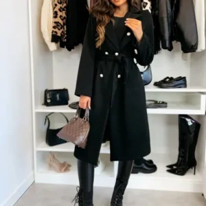 Double Breasted Wool Coat Black Belted Winter Design - Product showcase