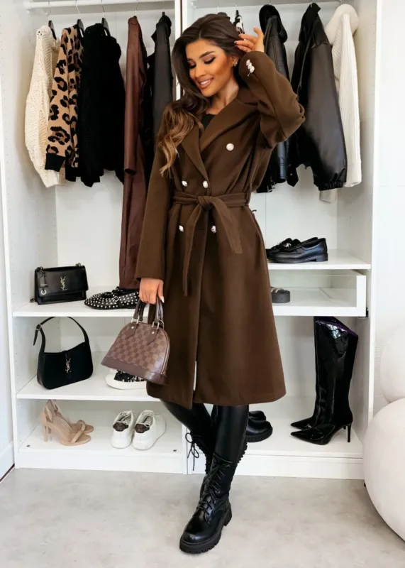 Double Breasted Wool Coat Black Belted Winter Design - Detailed view