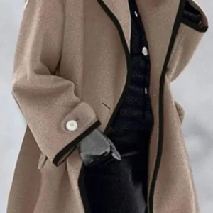 Elegant Wool Blend Coat Contrast Trim Long Jacket - Product showcase