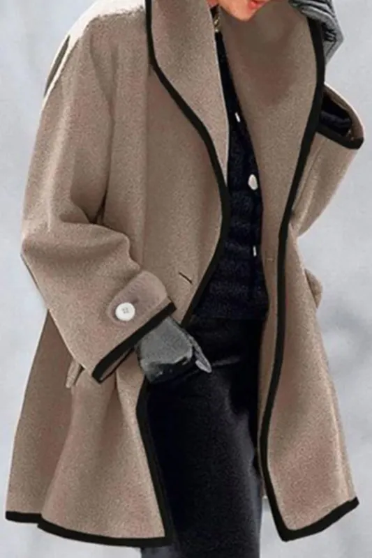 Elegant Wool Blend Coat Contrast Trim Long Jacket - Product showcase