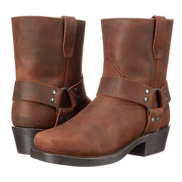 Classic Leather Harness Boots Full-Grain Brown Mid-Cut Design - Product showcase
