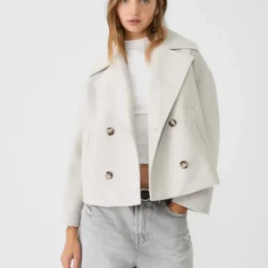 Cropped Double Breasted Jacket Wool Blend Oversized Design - Product showcase