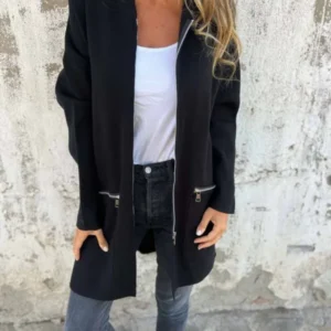 Womens Long Zip Jacket Black Cotton Blend Casual Coat - Product showcase