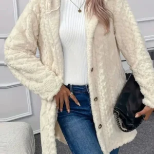 Plush Hooded Coat Textured Fleece Button-Front Design - Product showcase