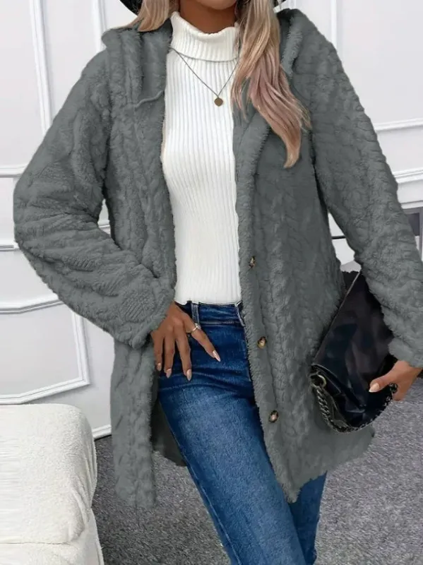 Plush Hooded Coat Textured Fleece Button-Front Design - Product example