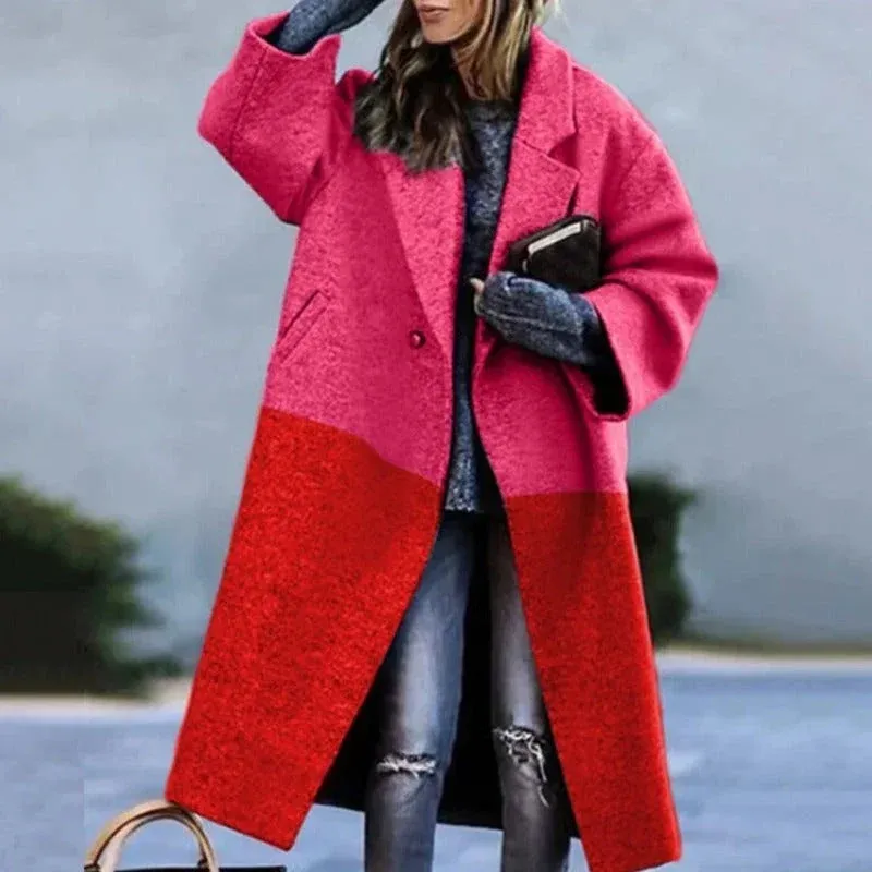 Colorblock Wool Coat Modern Plaid Pattern Oversized Design - Detailed view