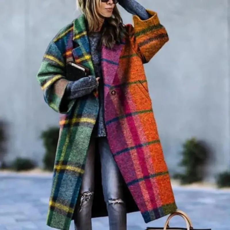 Colorblock Wool Coat Modern Plaid Pattern Oversized Design - Product showcase