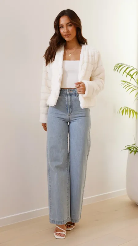 Quilted Faux Fur Crop Jacket Open Front Winter White Design - Product example