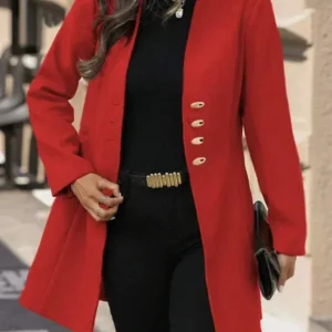 Classic Wool Coat Mid-Length Red With Gold Buttons - Product showcase