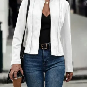 Minimalist Wool Blend Jacket Stand Collar Open Front Design - Product showcase