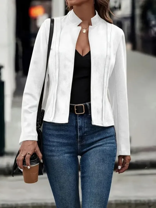 Minimalist Wool Blend Jacket Stand Collar Open Front Design - Product showcase
