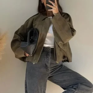 Vintage Suede Bomber Jacket Oversized Brown Green Design - Product showcase