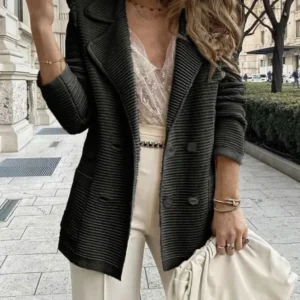 Ribbed Double-Breasted Blazer Textured Knit Black Lapel Design - Product showcase