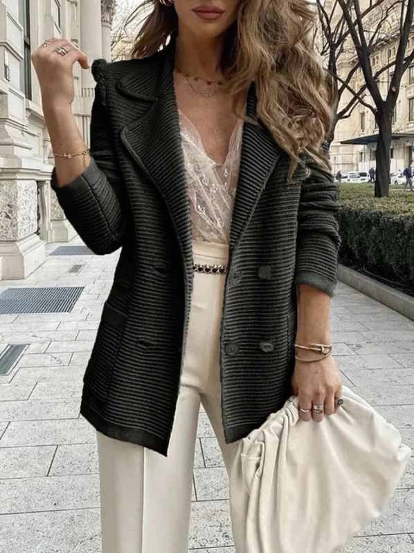 Ribbed Double-Breasted Blazer Textured Knit Black Lapel Design - Product showcase